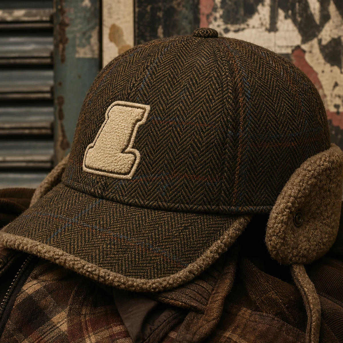 Retro Tweed Plush Earflap Embroidered Letter Cap