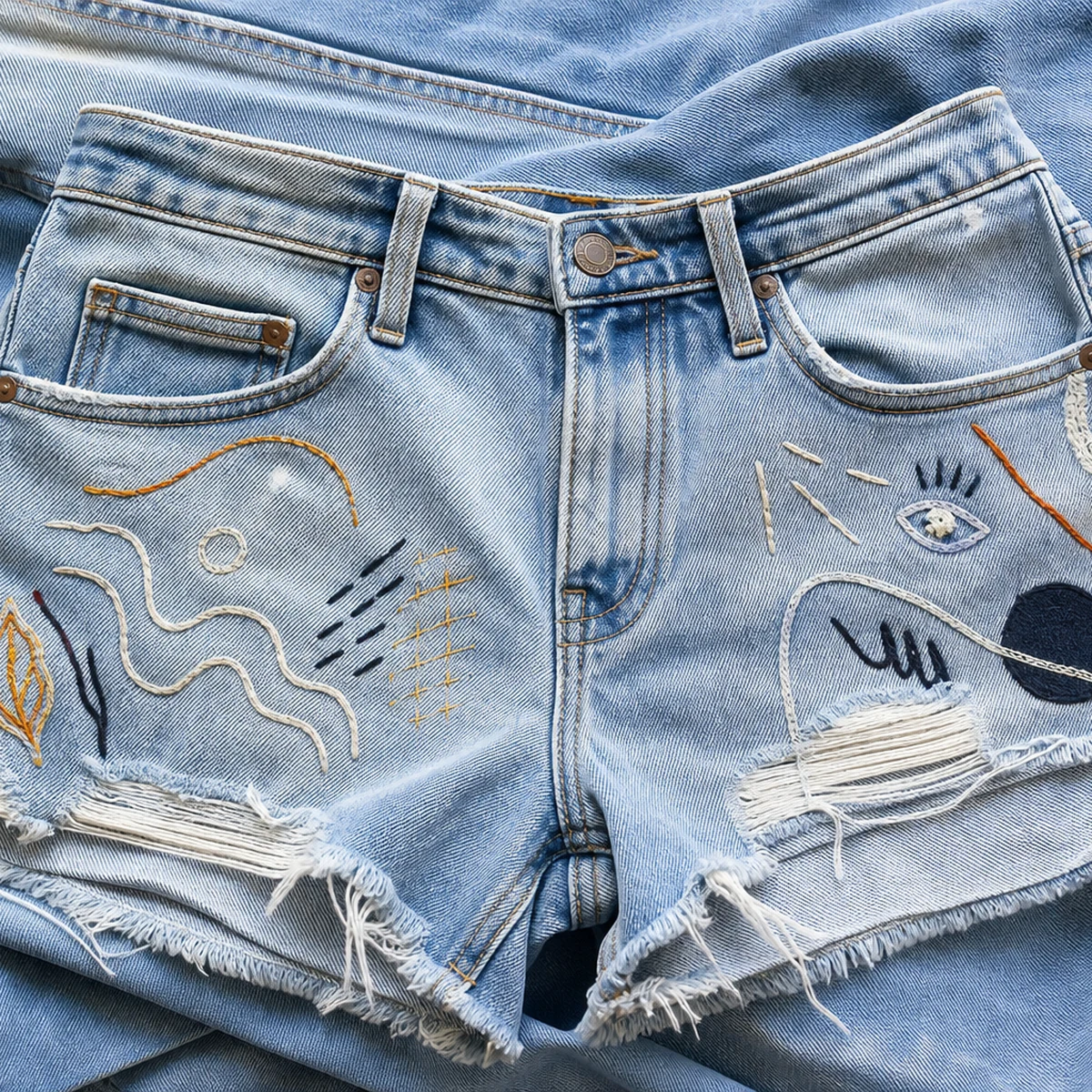 Distressed Denim Shorts with Embroidered Graphic