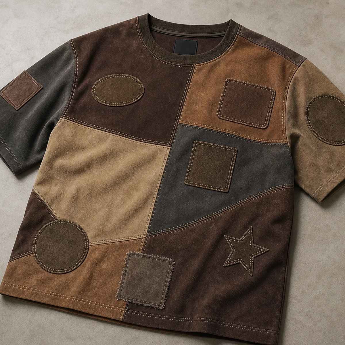 Suede Graphic Embroidered Patchwork Short Sleeve T-Shirt - 2634