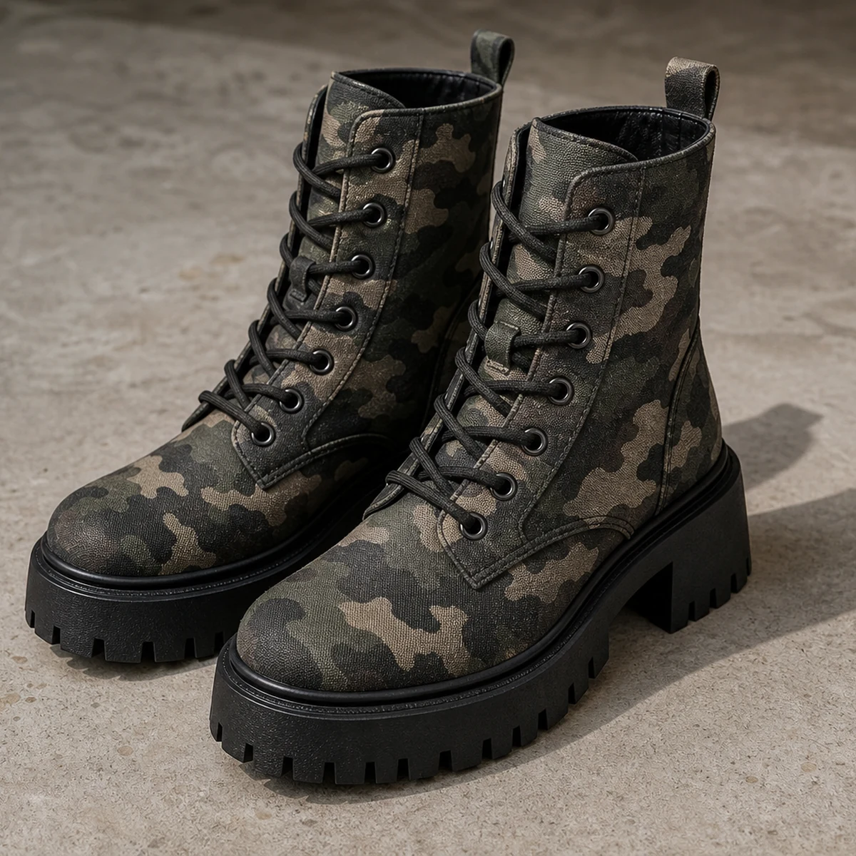 Camo Print Lace Up Chunky Ankle Boots